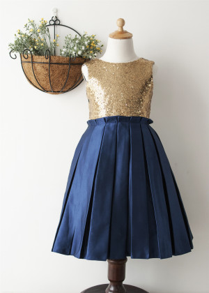 Navy Blue Pleated Satin Gold Sequin Keyhole Back Flower Girl Dress